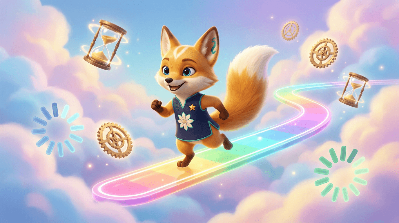 Linh vật Cáo đang chạy trên đường cầu vồng để chuẩn bị bài học